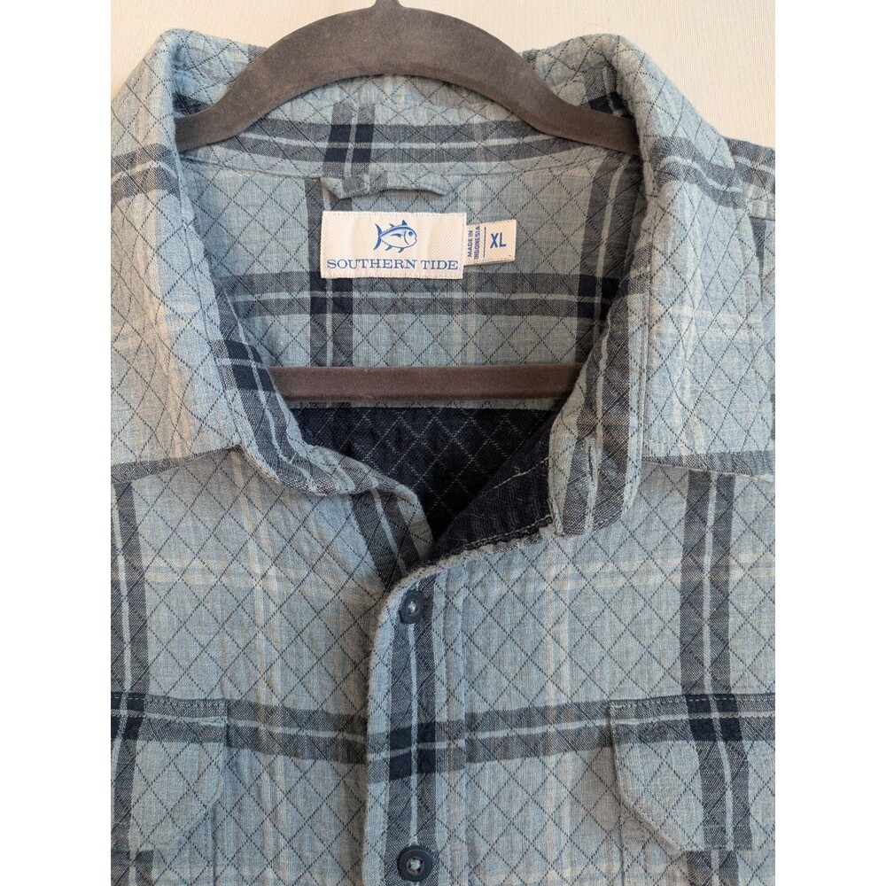 Southern Tide Mens XL Quilted Button Down Plaid Shirt Long Gray Blue Warm Casual - Picture 3 of 14